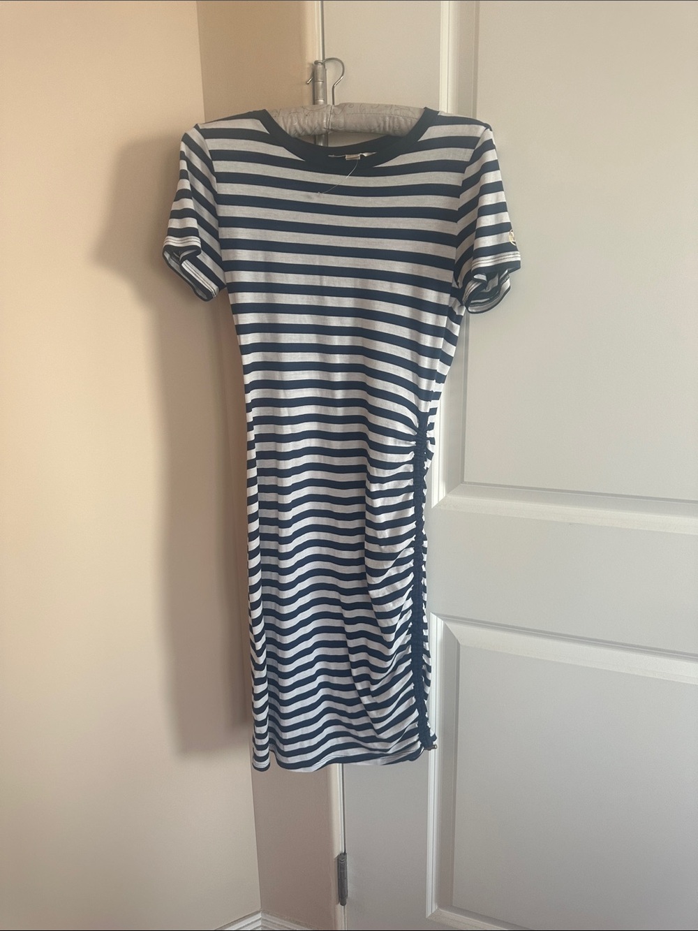 MICHAEL Michael Kors Navy and White Striped Short Sleeve Midi Dress
